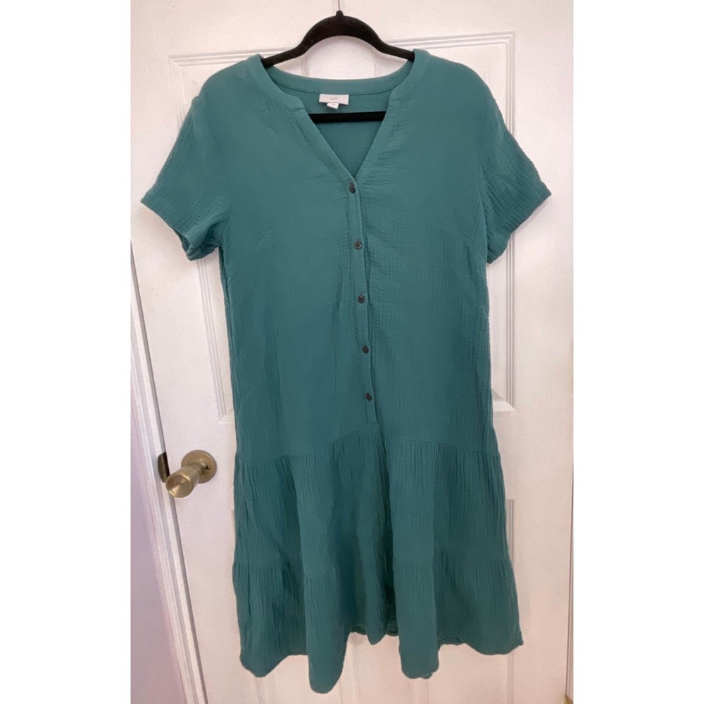 J. Jill Ruffle Hem Tiered Dress Women XS Green Short Sleeve Button Front Hipster